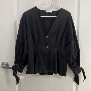 all:row Women’s Pleated V Neck Puff Sleeve Button Down Black Shirt Size M